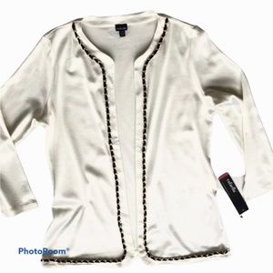 NWT Rafaella Blazer Cardigan Open Front Gold Chain 100% Cotton White Fall Black